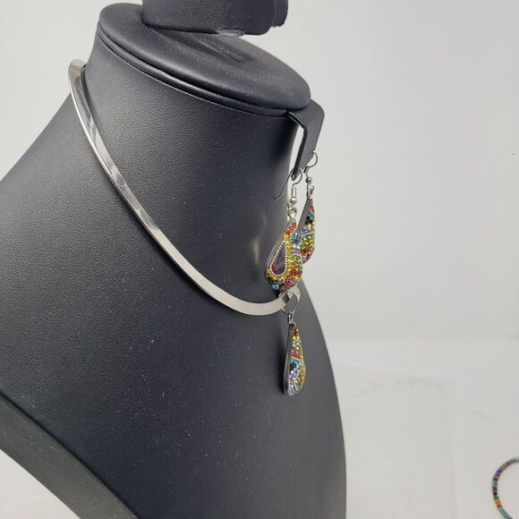 Artisan 925 Teardrop Multicolor Micro Mosaic Crystal Torque Necklace Earring Set - Picture 3 of 16